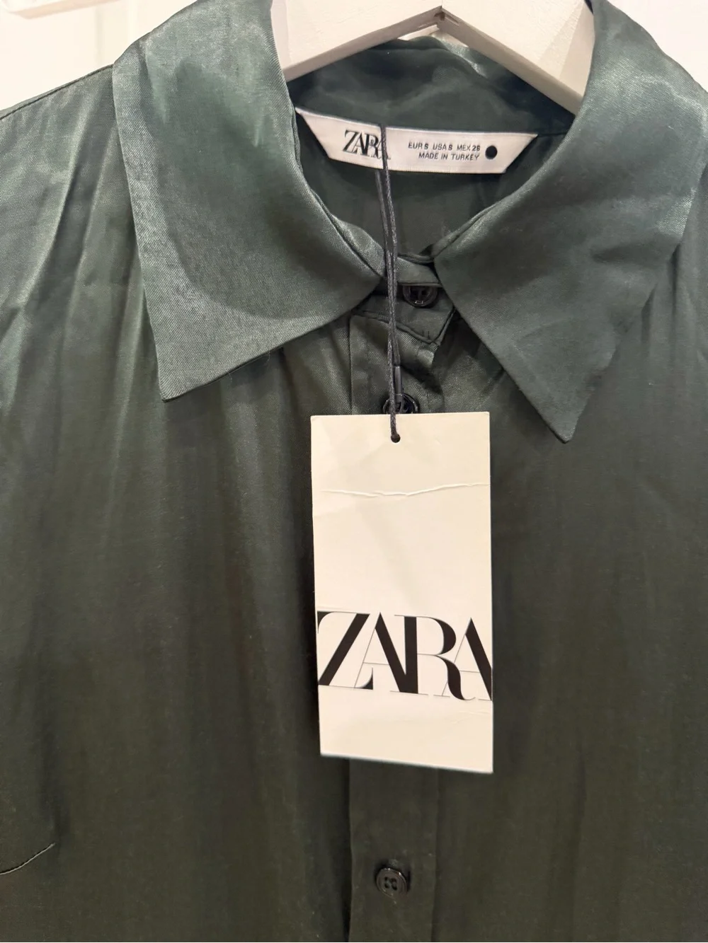 Zara Forest Emerald Green Satin Midi Shirt Dress Belted Dark Academia Cocktail S